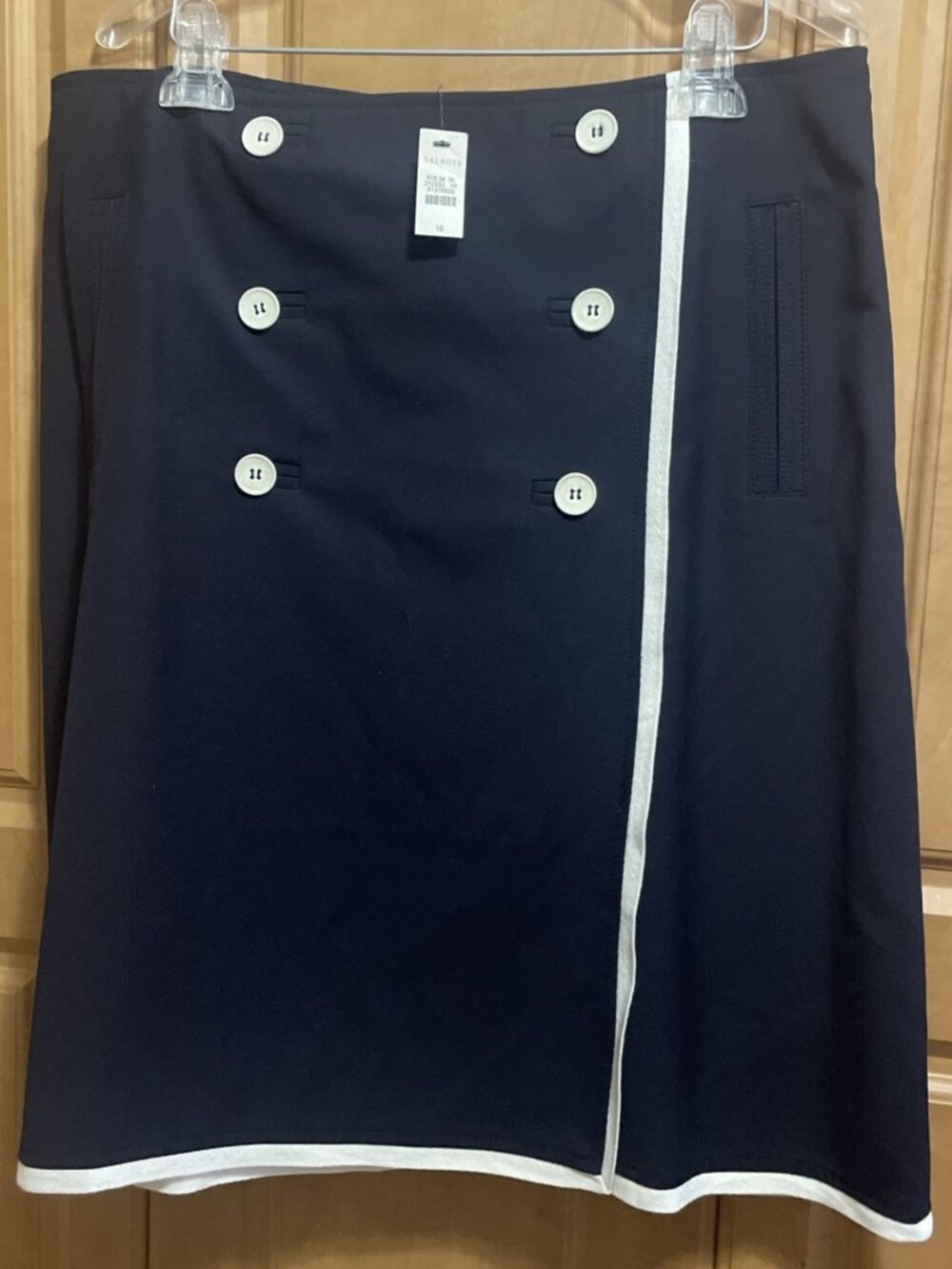 Talbots Double Weave Faux Wrap Button Nautical Skirt Navy Blue White Size 16